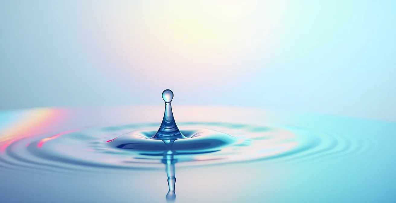 Vue macro d'une goutte d'eau sur une surface transparente avec effet de lumière prismatique